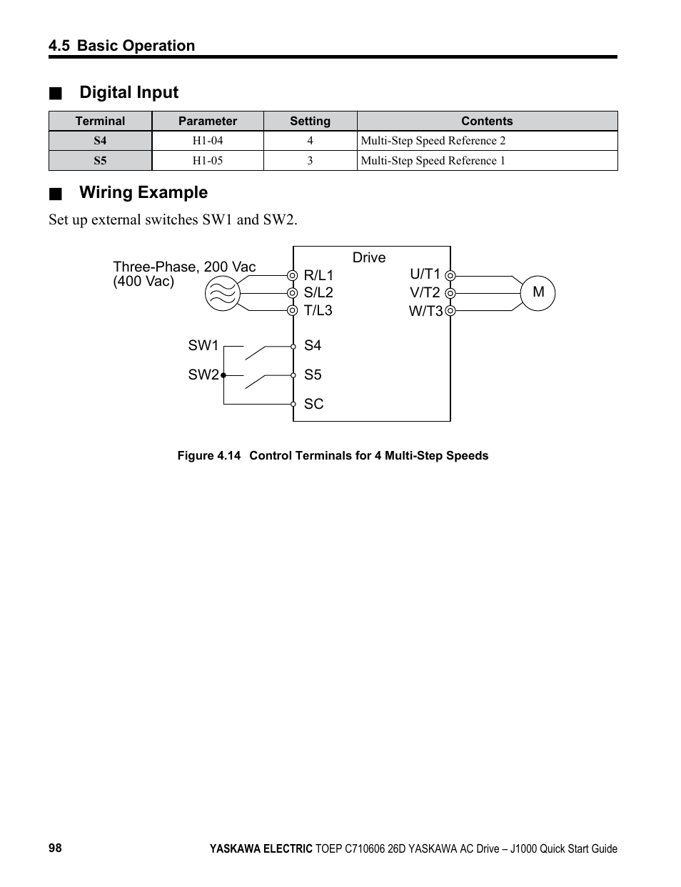 Digital input, Wiring example | Yaskawa J1000 Compact V/f Control Drive User Manual | Page 98 / 274