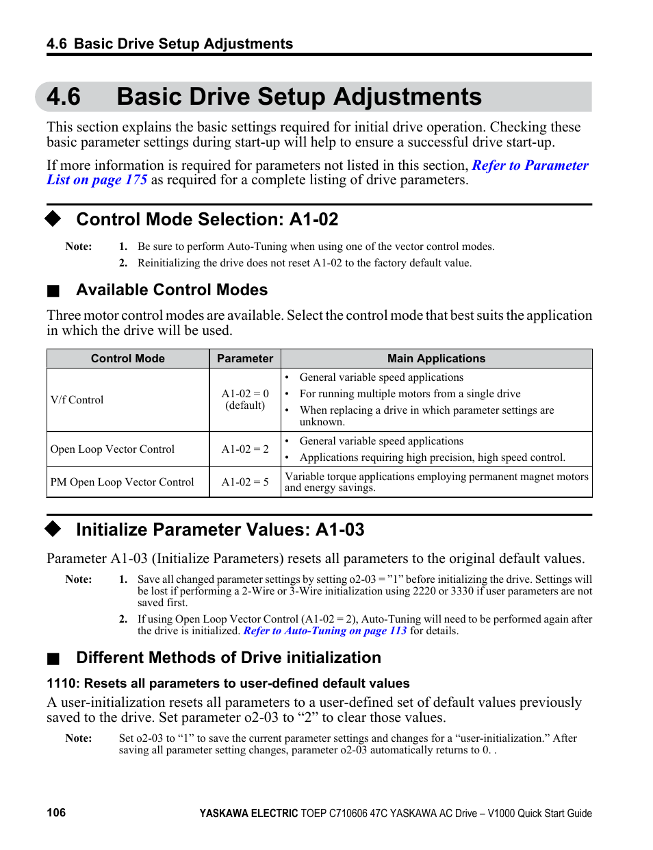 6 basic drive setup adjustments, Control mode selection: a1-02, Initialize parameter values: a1-03 | Basic drive setup adjustments, Available control modes, Different methods of drive initialization | Yaskawa J1000 Compact Vector Control Drive User Manual | Page 106 / 244