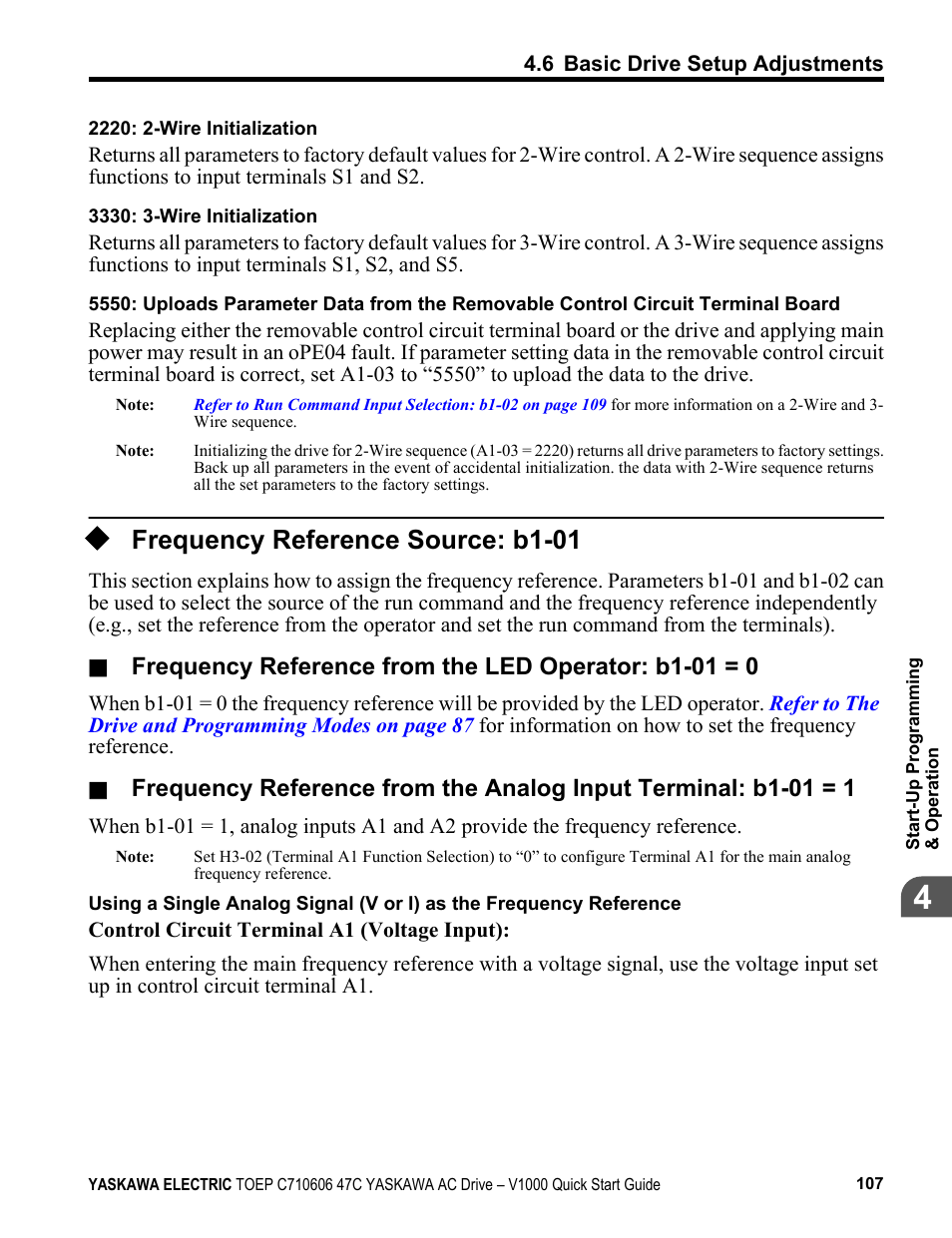Frequency reference source: b1-01 | Yaskawa J1000 Compact Vector Control Drive User Manual | Page 107 / 244