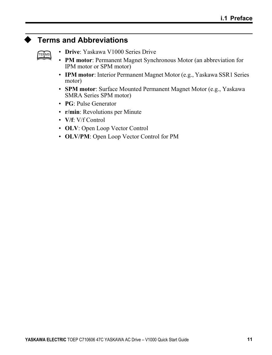 Terms and abbreviations | Yaskawa J1000 Compact Vector Control Drive User Manual | Page 11 / 244