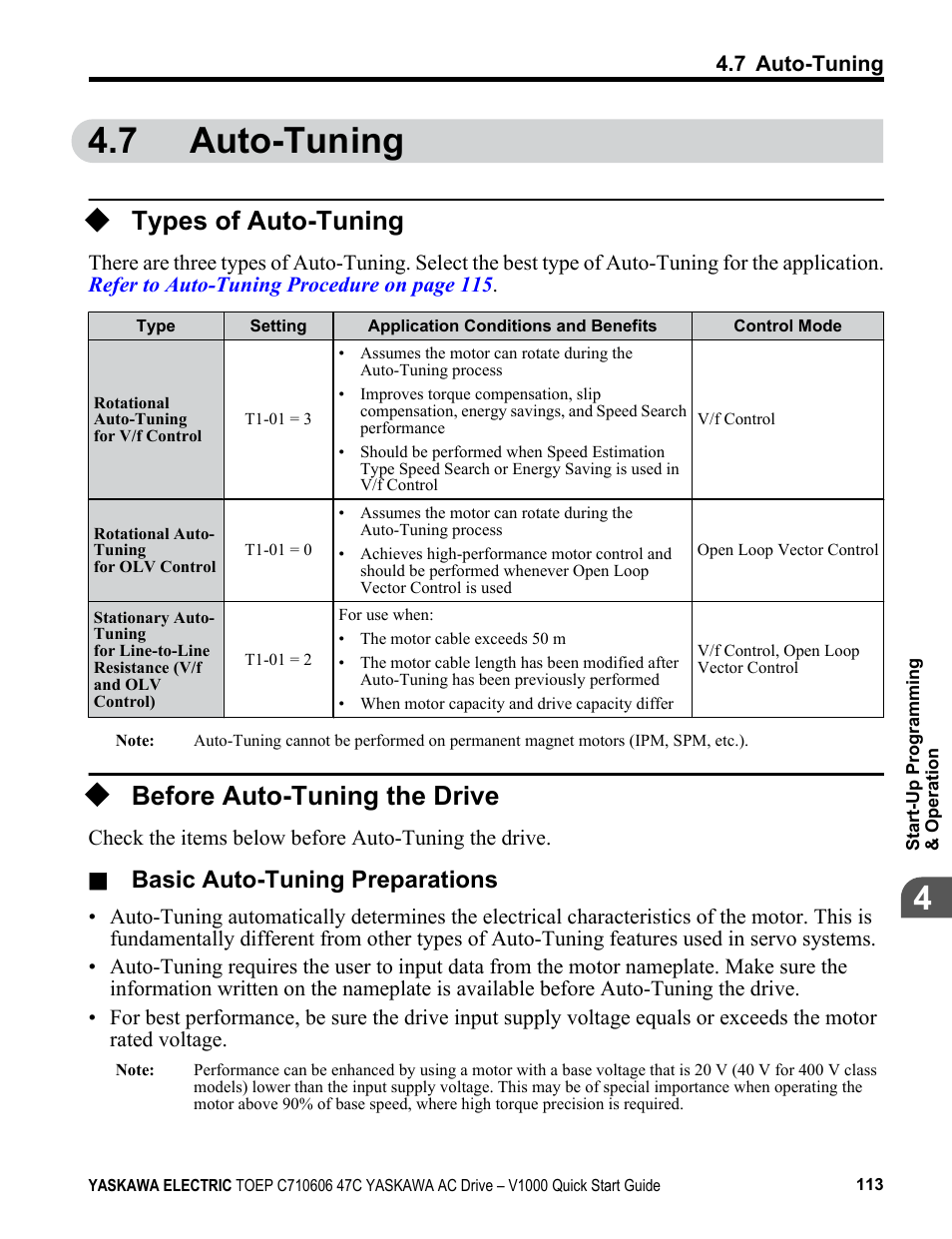 7 auto-tuning, Types of auto-tuning, Before auto-tuning the drive | Auto-tuning, Basic auto-tuning preparations | Yaskawa J1000 Compact Vector Control Drive User Manual | Page 113 / 244