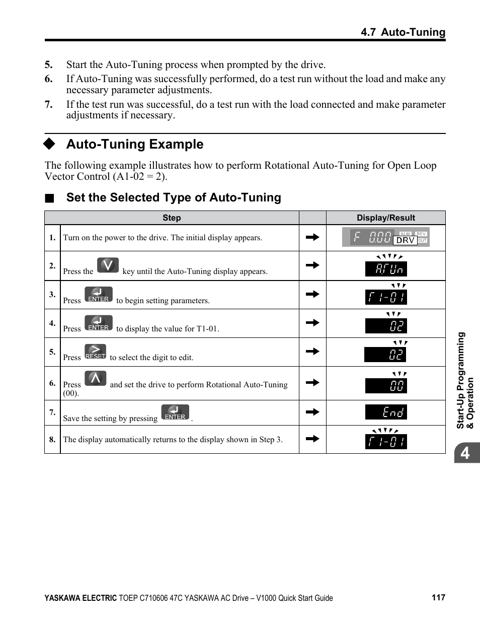 Auto-tuning example, Set the selected type of auto-tuning | Yaskawa J1000 Compact Vector Control Drive User Manual | Page 117 / 244