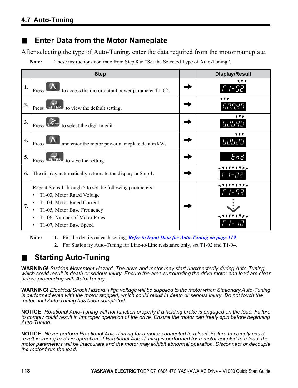 Enter data from the motor nameplate, Starting auto-tuning, 7 auto-tuning | Yaskawa J1000 Compact Vector Control Drive User Manual | Page 118 / 244