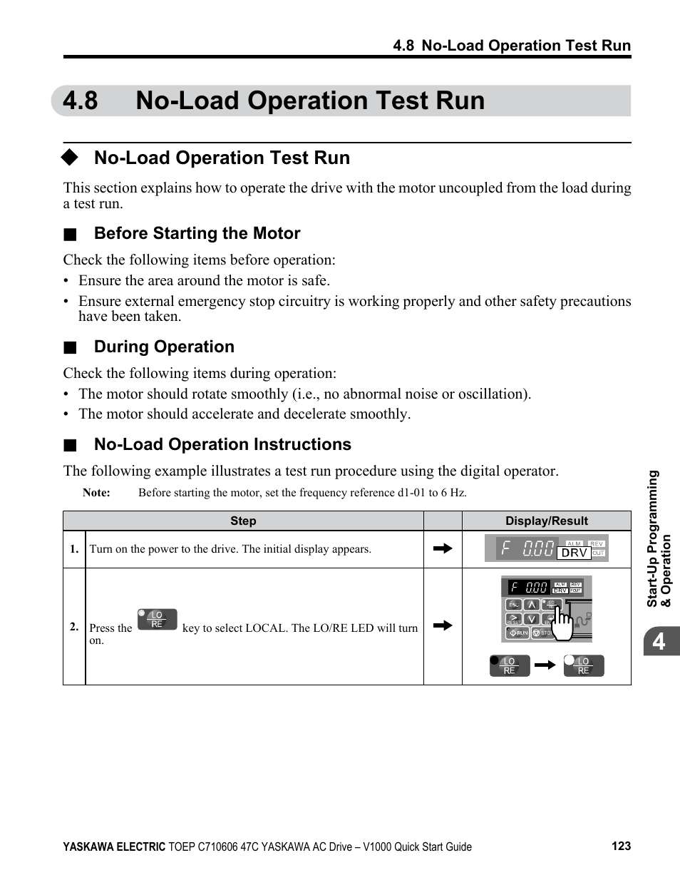 8 no-load operation test run, No-load operation test run | Yaskawa J1000 Compact Vector Control Drive User Manual | Page 123 / 244