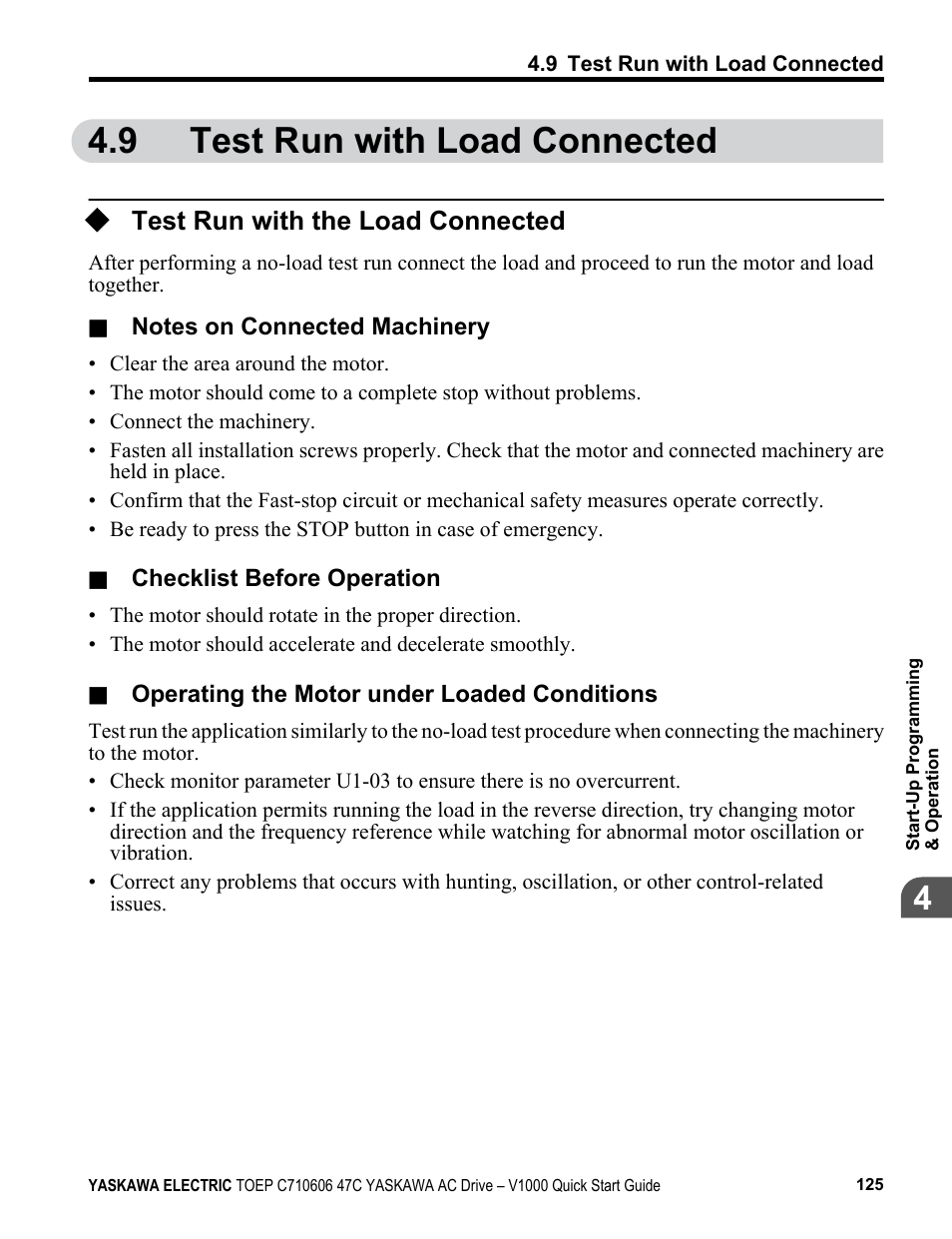 9 test run with load connected, Test run with the load connected, Test run with load connected | Yaskawa J1000 Compact Vector Control Drive User Manual | Page 125 / 244
