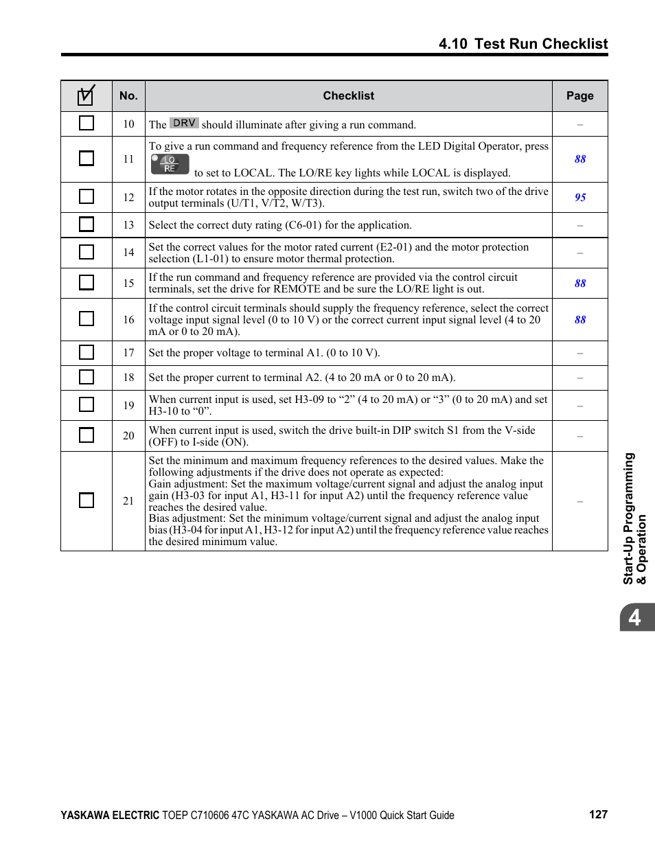 10 test run checklist | Yaskawa J1000 Compact Vector Control Drive User Manual | Page 127 / 244