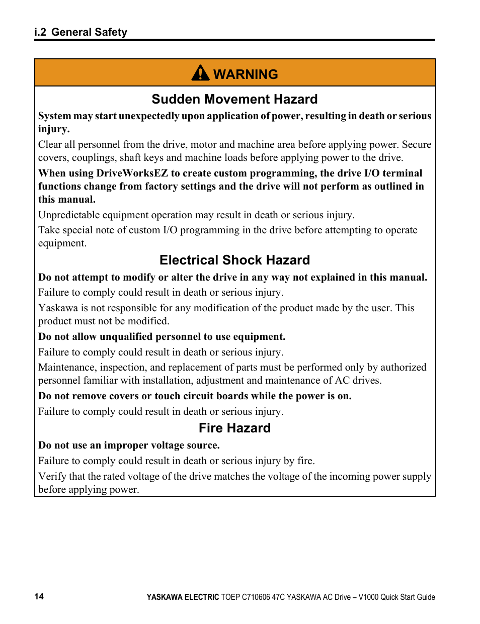 Warning sudden movement hazard, Electrical shock hazard, Fire hazard | Yaskawa J1000 Compact Vector Control Drive User Manual | Page 14 / 244