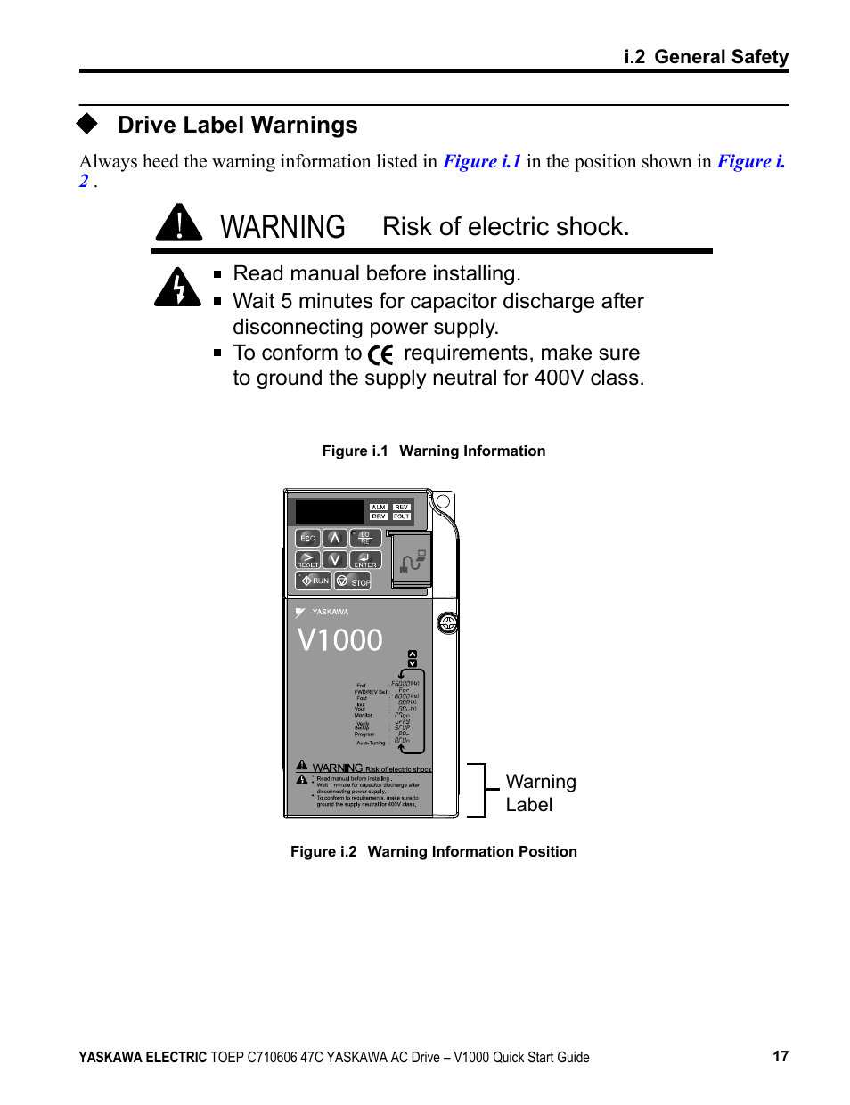 Drive label warnings, Warning, Risk of electric shock | Yaskawa J1000 Compact Vector Control Drive User Manual | Page 17 / 244