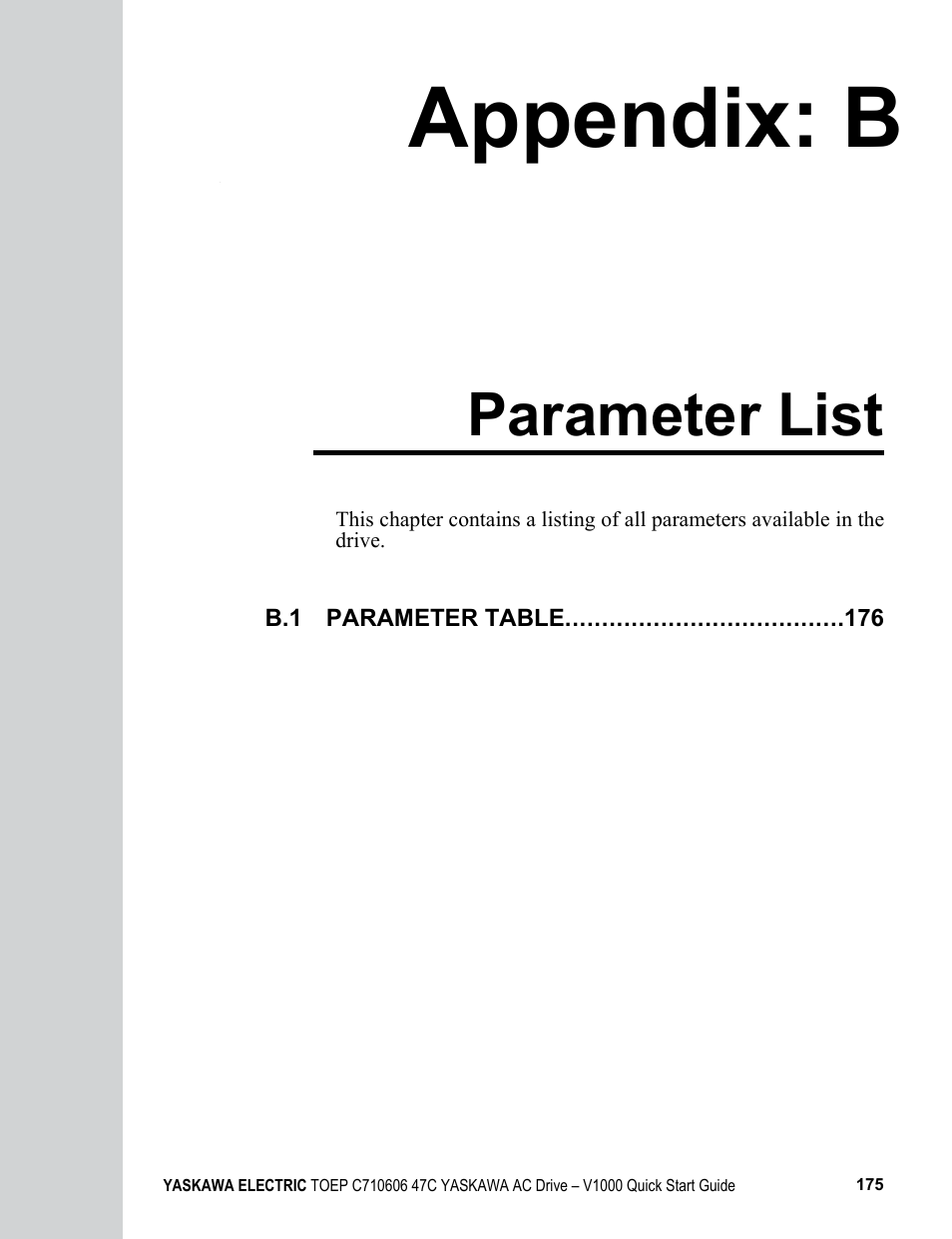 Appendix: b parameter list, B. parameter list, Refer to | Refer to parameter, Appendix: b, Parameter list | Yaskawa J1000 Compact Vector Control Drive User Manual | Page 175 / 244
