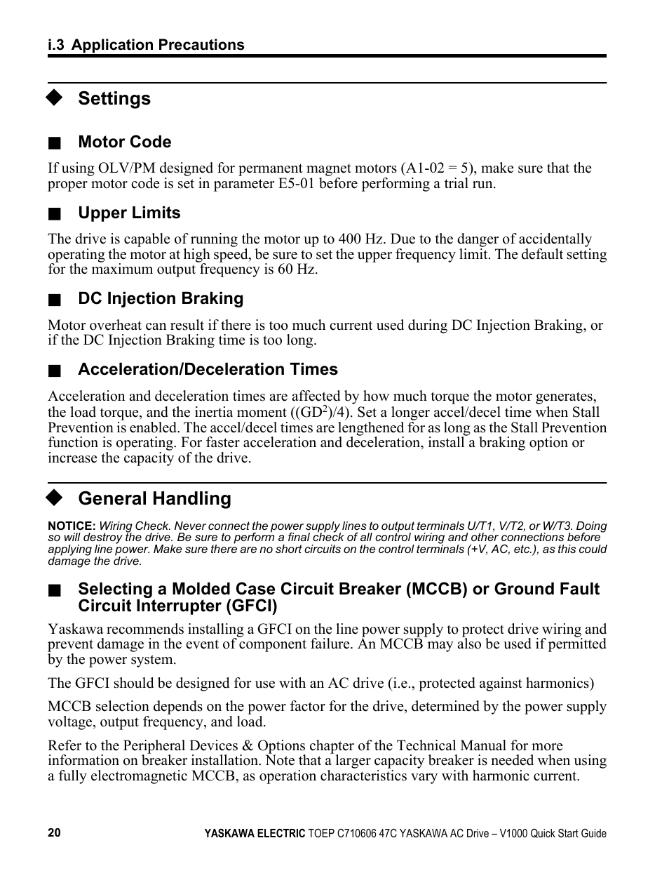 Settings, General handling | Yaskawa J1000 Compact Vector Control Drive User Manual | Page 20 / 244