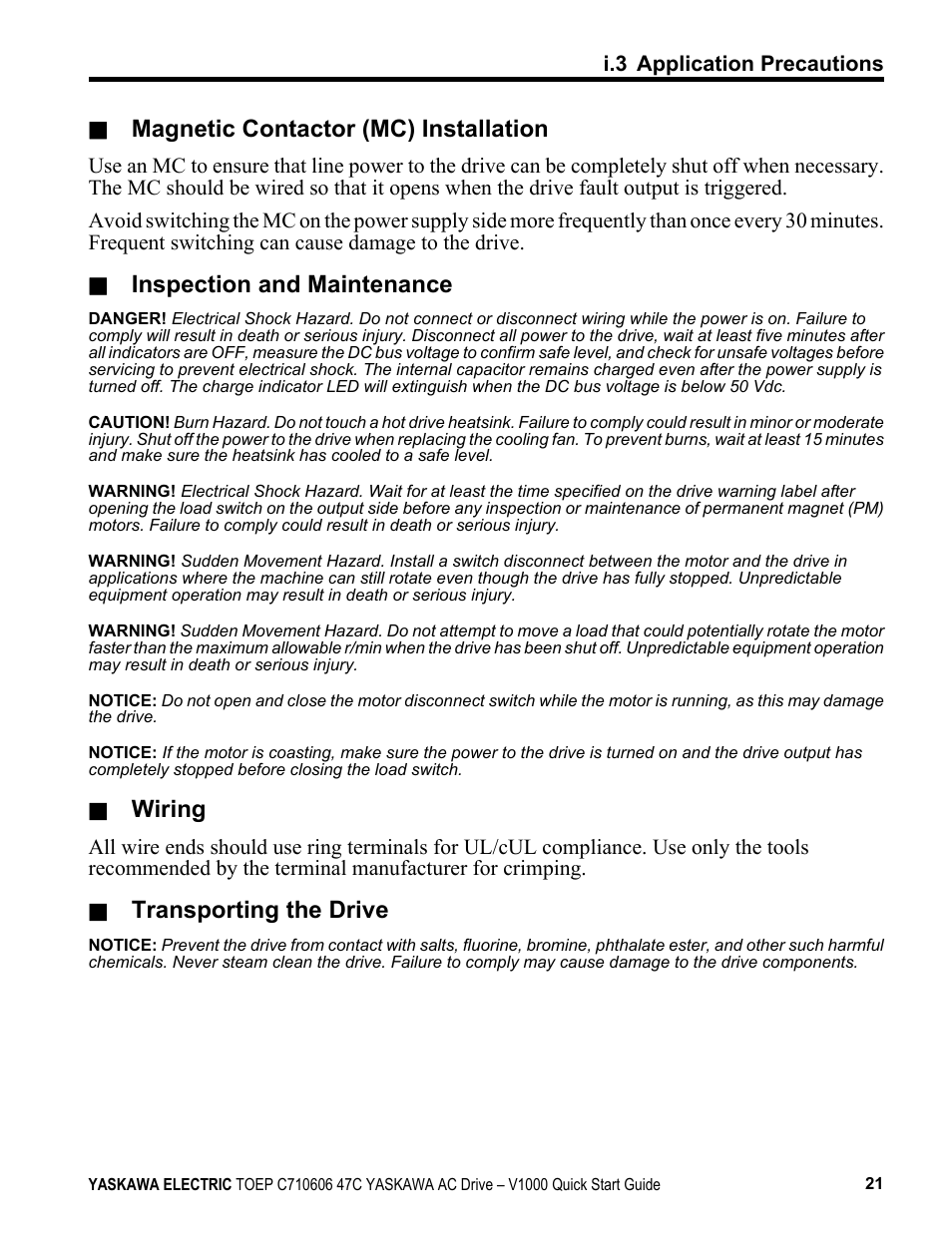 Magnetic contactor (mc) installation, Inspection and maintenance, Wiring | Transporting the drive | Yaskawa J1000 Compact Vector Control Drive User Manual | Page 21 / 244
