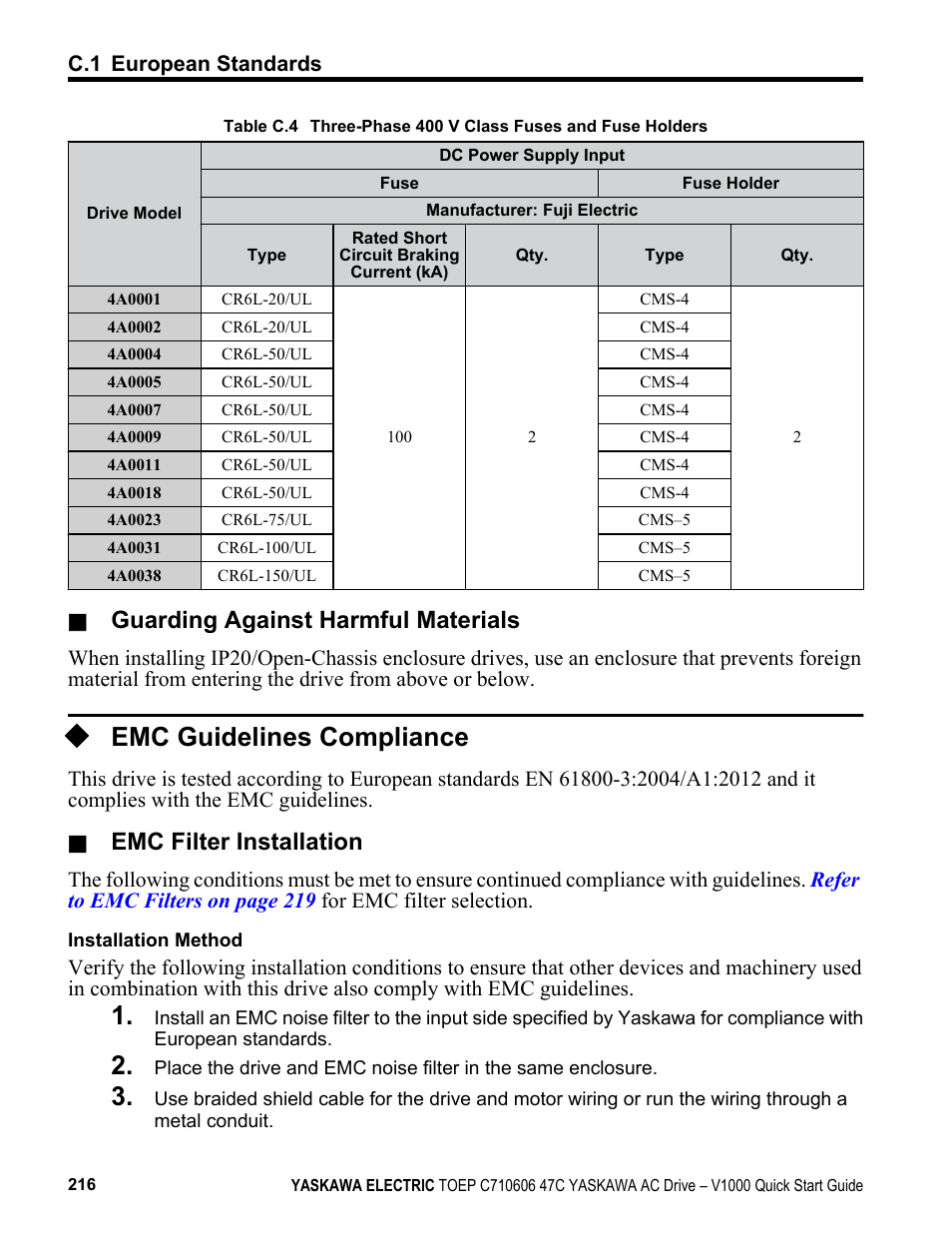Emc guidelines compliance, Guarding against harmful materials, Emc filter installation | Yaskawa J1000 Compact Vector Control Drive User Manual | Page 216 / 244