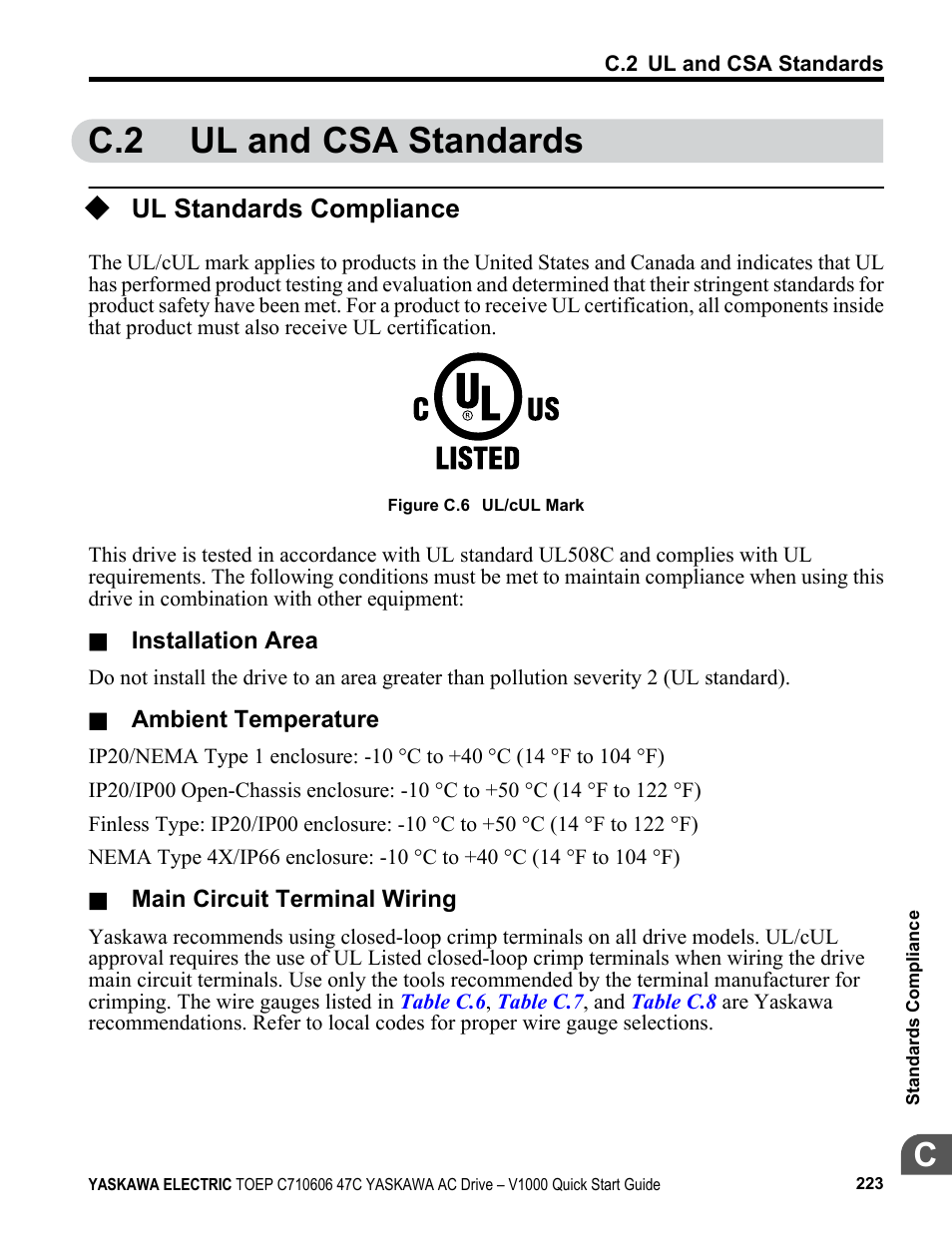 C.2 ul and csa standards, Ul standards compliance | Yaskawa J1000 Compact Vector Control Drive User Manual | Page 223 / 244