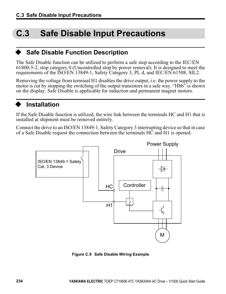 C.3 safe disable input precautions, Safe disable function description, Installation | Yaskawa J1000 Compact Vector Control Drive User Manual | Page 234 / 244