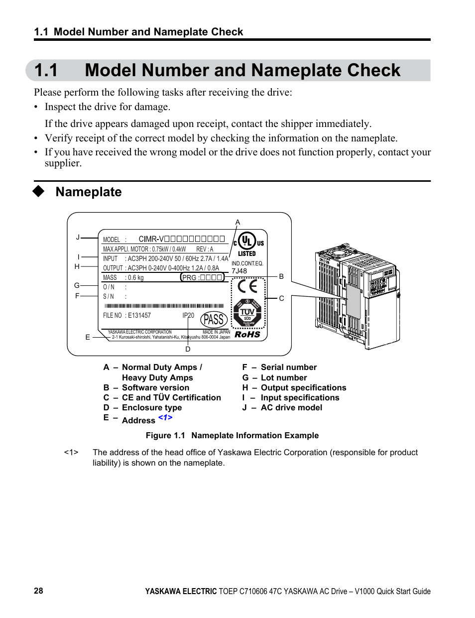 1 model number and nameplate check, Nameplate, Model number and nameplate check | Pass | Yaskawa J1000 Compact Vector Control Drive User Manual | Page 28 / 244
