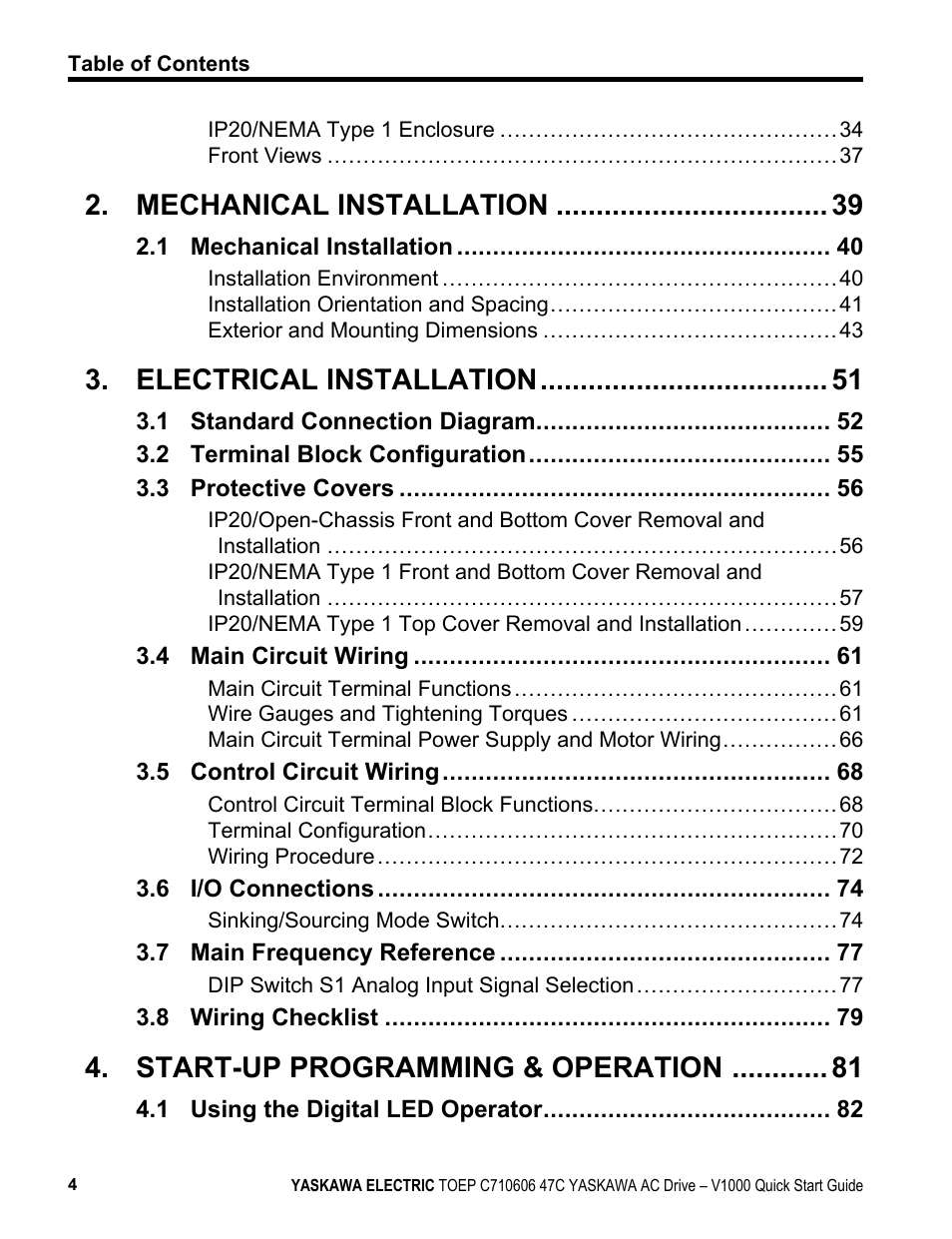 Mechanical installation, Electrical installation, Start-up programming & operation | Yaskawa J1000 Compact Vector Control Drive User Manual | Page 4 / 244