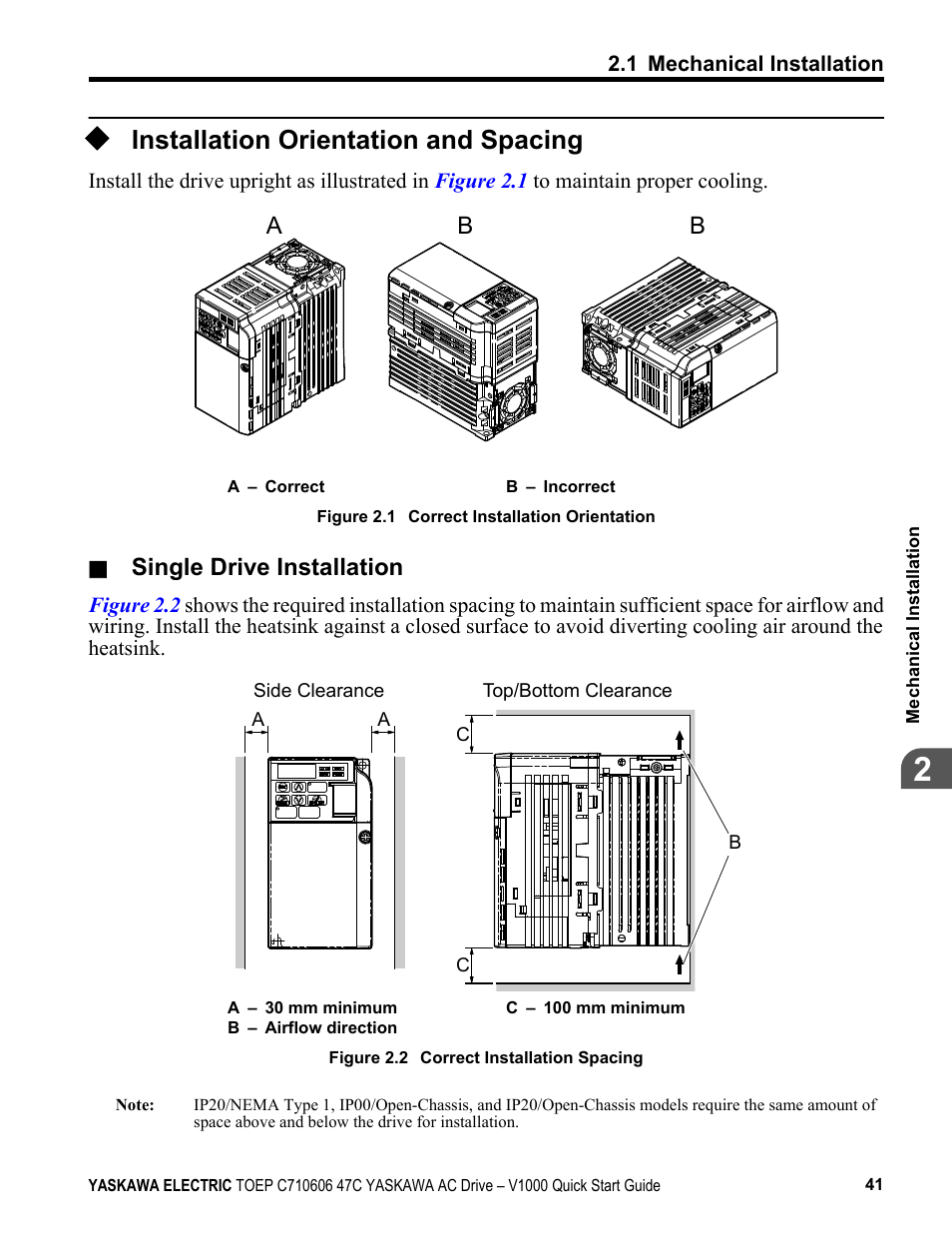 Installation orientation and spacing, Single drive installation | Yaskawa J1000 Compact Vector Control Drive User Manual | Page 41 / 244
