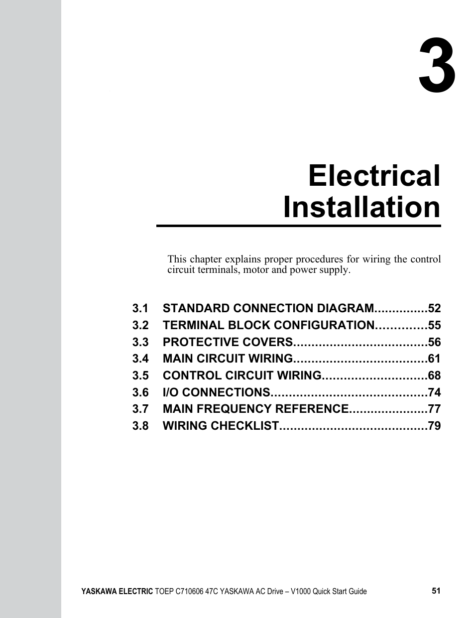 3 electrical installation, Electrical installation | Yaskawa J1000 Compact Vector Control Drive User Manual | Page 51 / 244