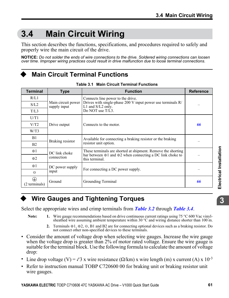 4 main circuit wiring, Main circuit terminal functions, Wire gauges and tightening torques | Main circuit wiring | Yaskawa J1000 Compact Vector Control Drive User Manual | Page 61 / 244