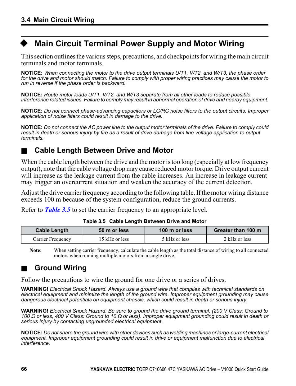 Cable length between drive and motor, Ground wiring | Yaskawa J1000 Compact Vector Control Drive User Manual | Page 66 / 244