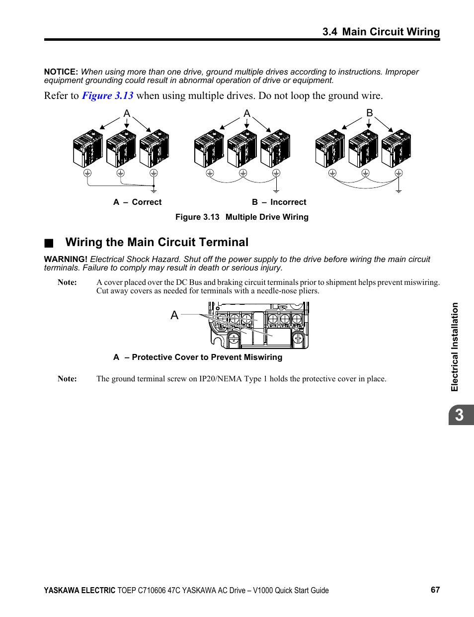 Wiring the main circuit terminal | Yaskawa J1000 Compact Vector Control Drive User Manual | Page 67 / 244