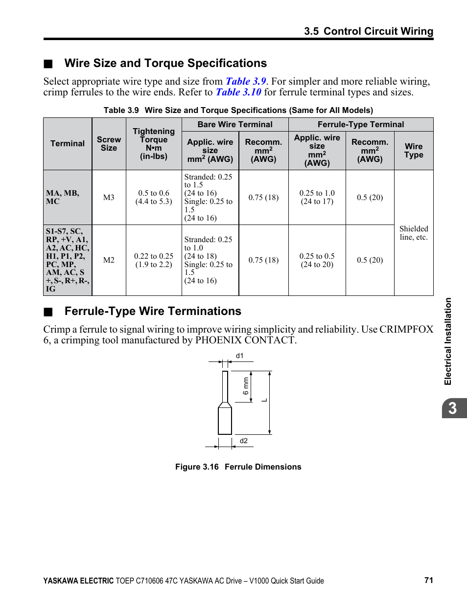 Wire size and torque specifications, Ferrule-type wire terminations, 5 control circuit wiring | Yaskawa J1000 Compact Vector Control Drive User Manual | Page 71 / 244