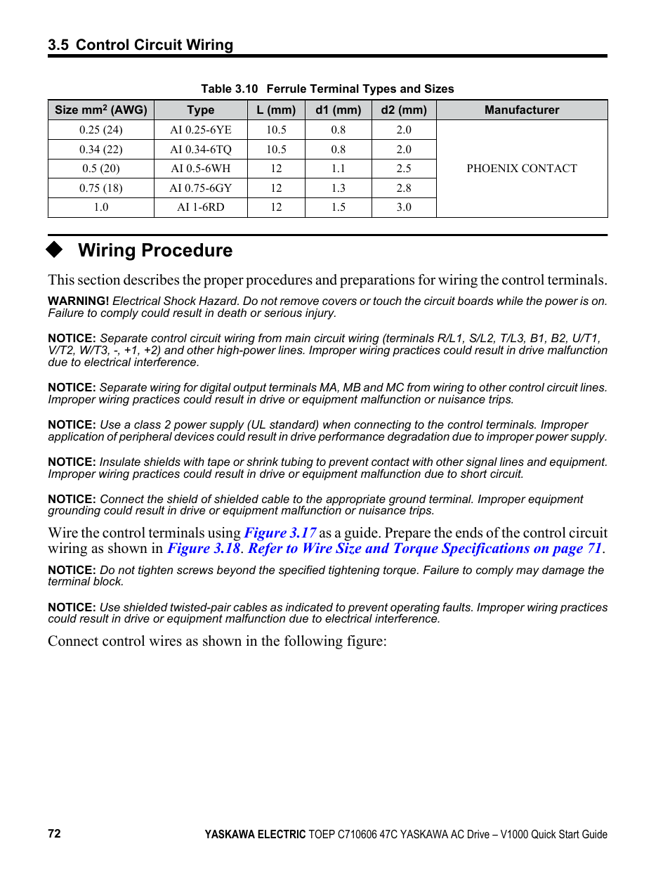Wiring procedure, Input, Refer | Table 3.10, For ferrule terminal types and sizes | Yaskawa J1000 Compact Vector Control Drive User Manual | Page 72 / 244