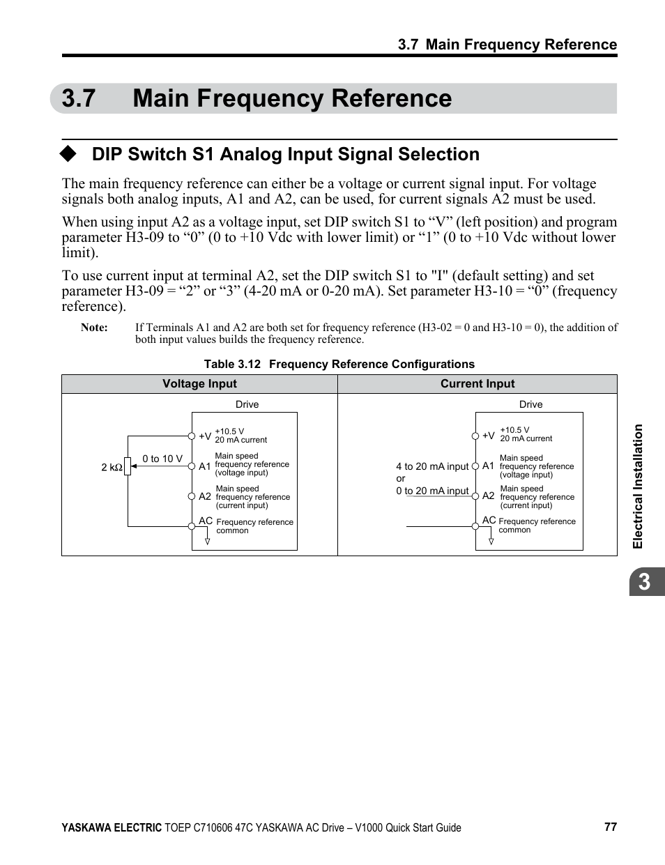 7 main frequency reference, Dip switch s1 analog input signal selection, Dip switch s1 | Refer to, Main frequency reference | Yaskawa J1000 Compact Vector Control Drive User Manual | Page 77 / 244