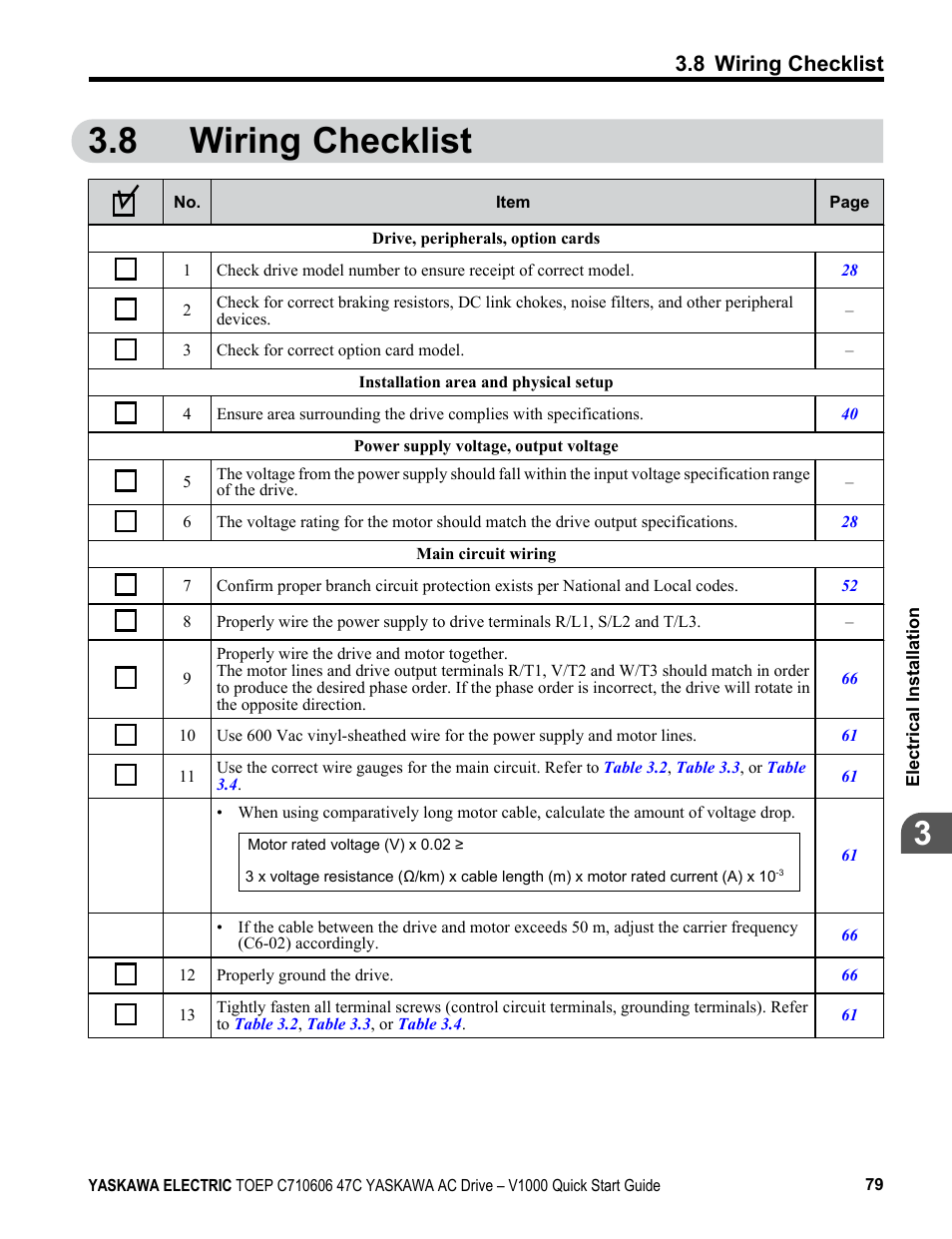 8 wiring checklist, Wiring checklist | Yaskawa J1000 Compact Vector Control Drive User Manual | Page 79 / 244