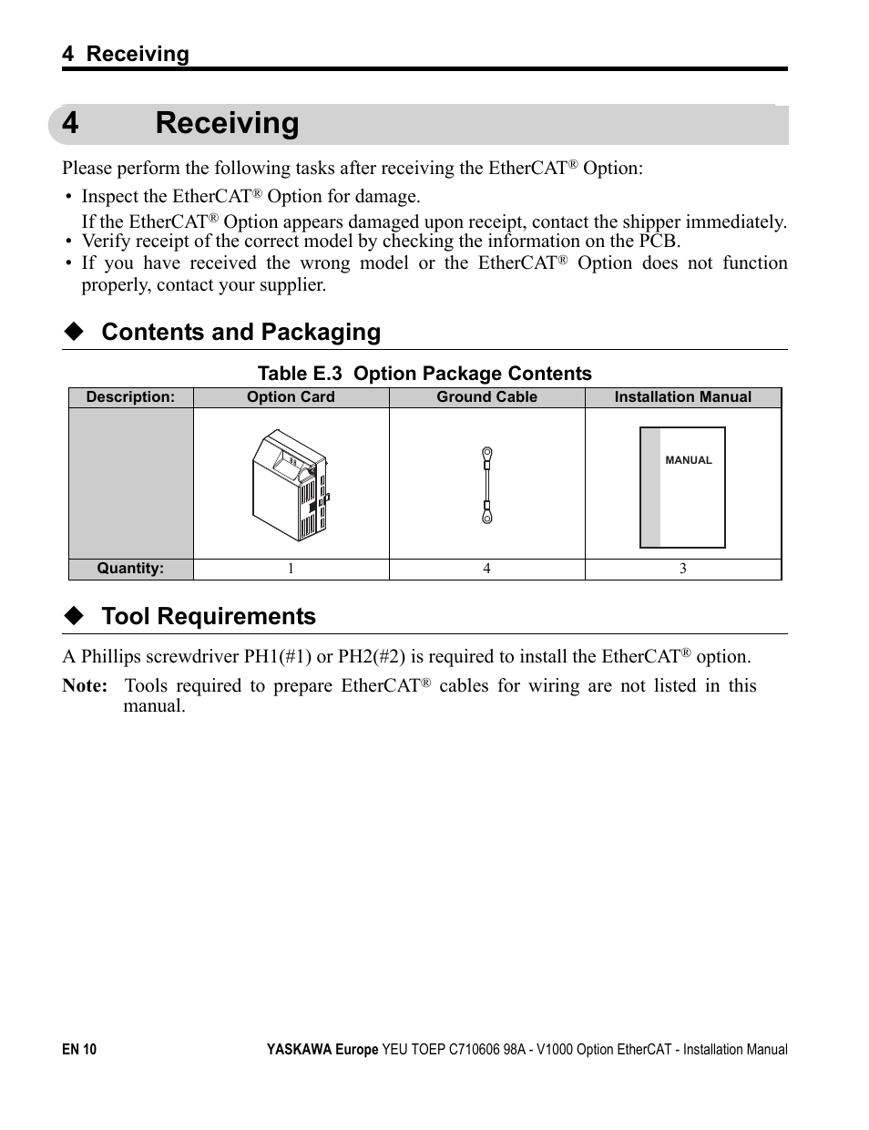 4 receiving, 4receiving, Contents and packaging | Tool requirements | Yaskawa SI-ES3 for V1000 User Manual | Page 10 / 40
