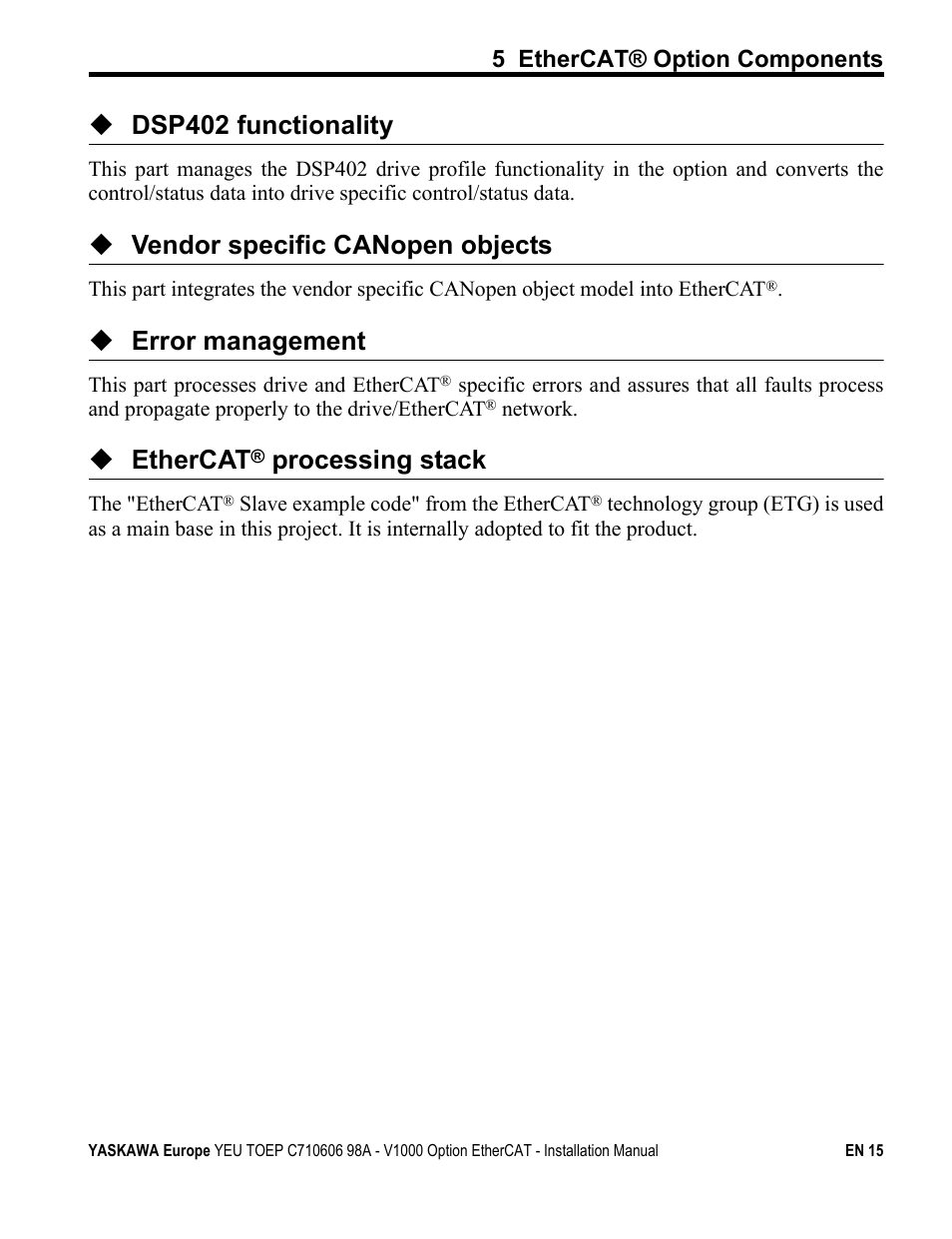 Dsp402 functionality, Vendor specific canopen objects, Error management | Ethercat, Processing stack | Yaskawa SI-ES3 for V1000 User Manual | Page 15 / 40