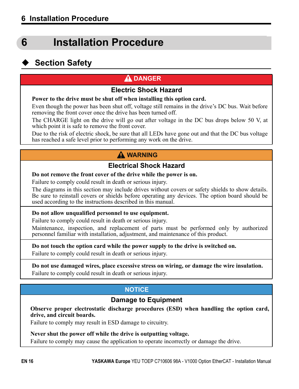 6 installation procedure, 6installation procedure | Yaskawa SI-ES3 for V1000 User Manual | Page 16 / 40