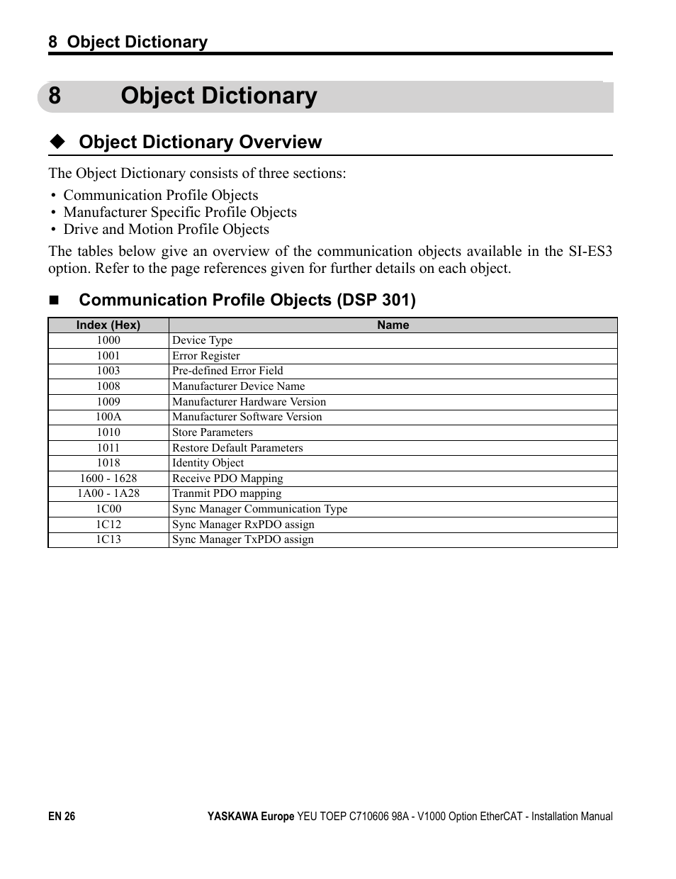 8 object dictionary, 8object dictionary, Object dictionary overview | Communication profile objects (dsp 301) | Yaskawa SI-ES3 for V1000 User Manual | Page 26 / 40