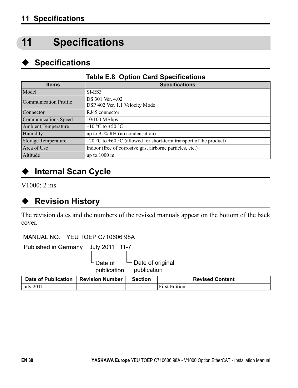 11 specifications, Specifications, Internal scan cycle | Revision history | Yaskawa SI-ES3 for V1000 User Manual | Page 38 / 40