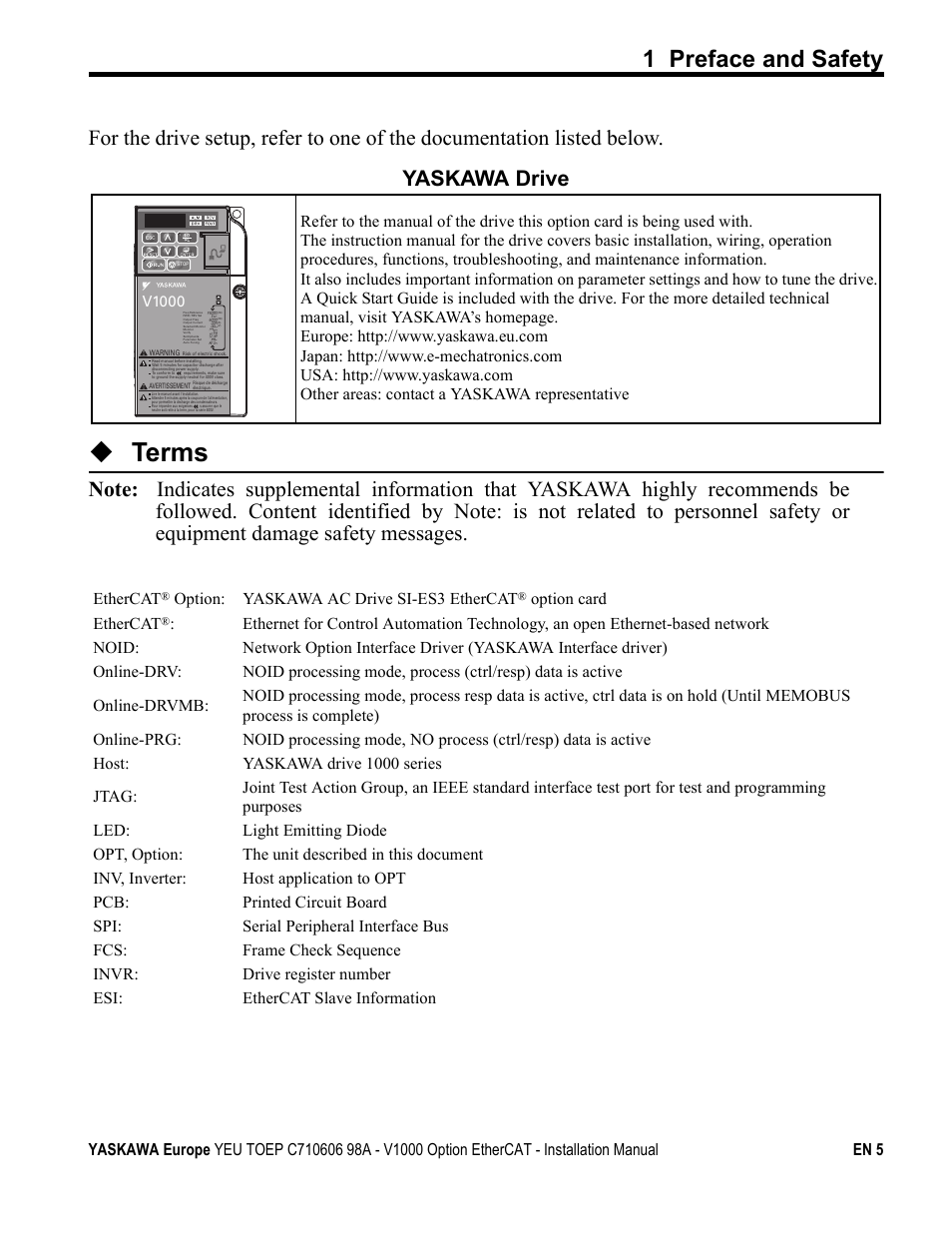 Terms, 1 preface and safety | Yaskawa SI-ES3 for V1000 User Manual | Page 5 / 40
