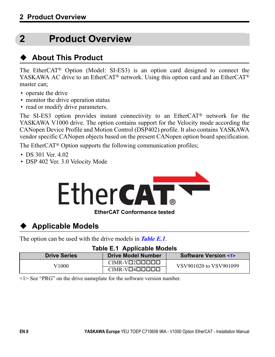 2 product overview, 2product overview, About this product | Applicable models | Yaskawa SI-ES3 for V1000 User Manual | Page 8 / 40