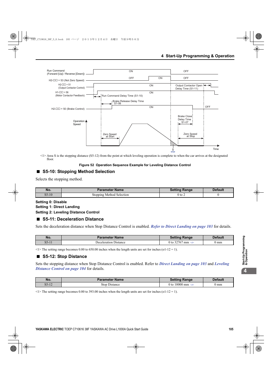 S5-10: stopping method selection, S5-11: deceleration distance, S5-12: stop distance | 4 start-up programming & operation, Selects the stopping method | Yaskawa CIMR-LU Drives User Manual | Page 105 / 242