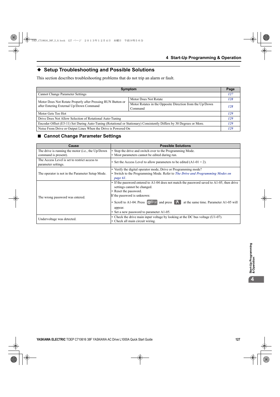 Setup troubleshooting and possible solutions, Cannot change parameter settings | Yaskawa CIMR-LU Drives User Manual | Page 127 / 242