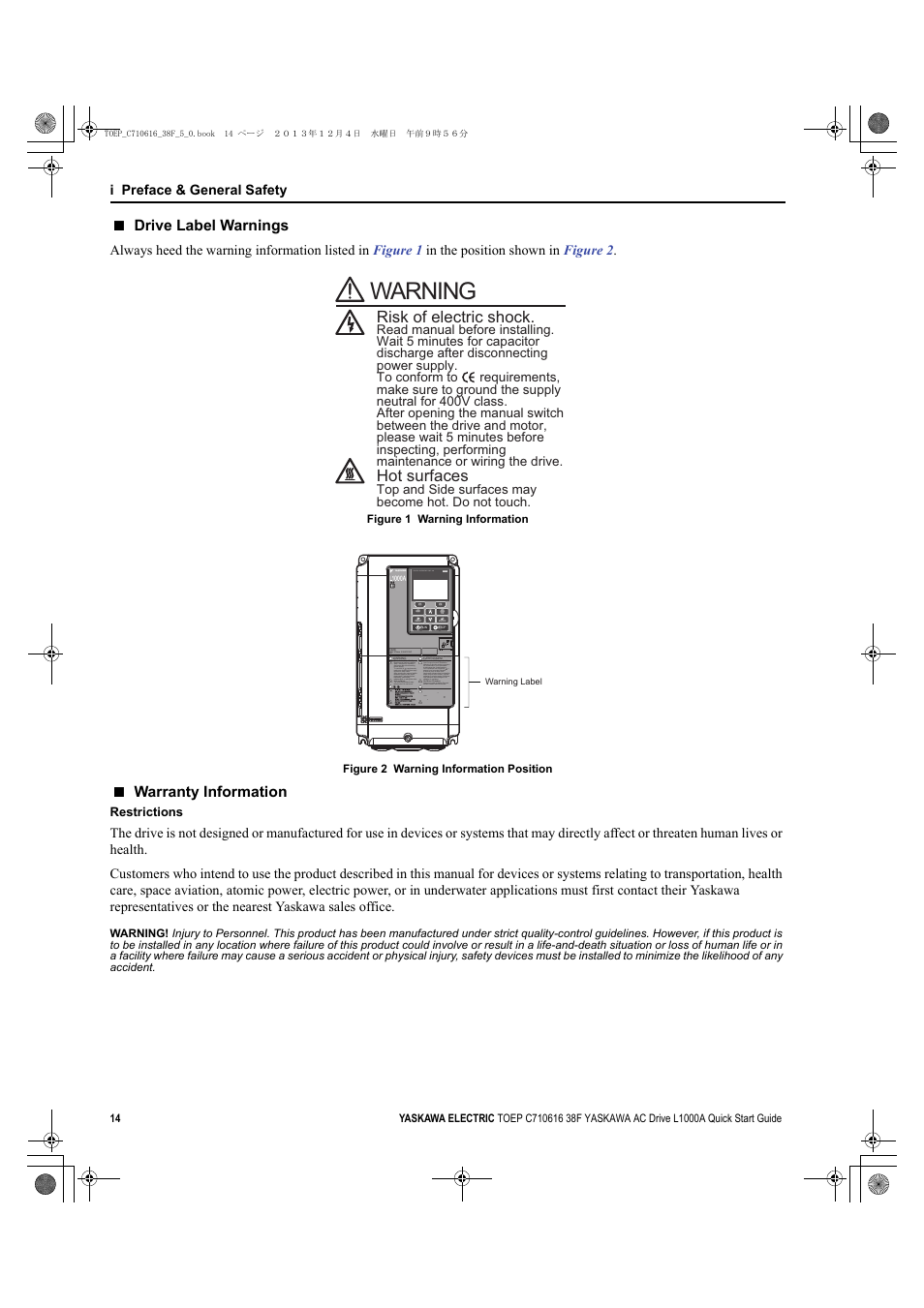 Warning, Risk of electric shock. hot surfaces, Drive label warnings | Warranty information, Yea_comm on | Yaskawa CIMR-LU Drives User Manual | Page 14 / 242