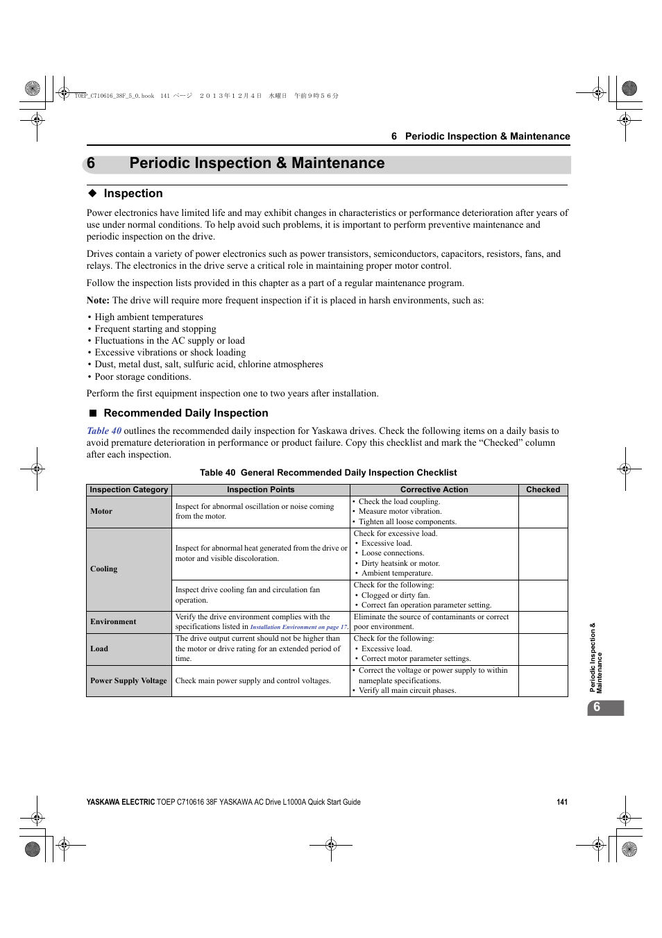 6 periodic inspection & maintenance, Inspection, 6periodic inspection & maintenance | Yaskawa CIMR-LU Drives User Manual | Page 141 / 242