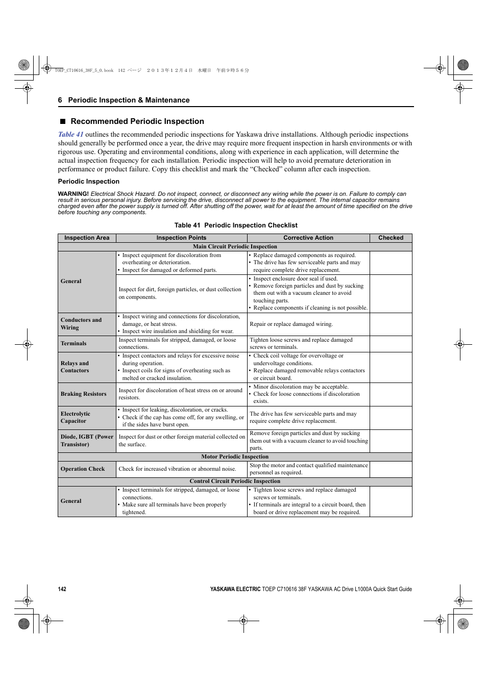 Recommended periodic inspection | Yaskawa CIMR-LU Drives User Manual | Page 142 / 242