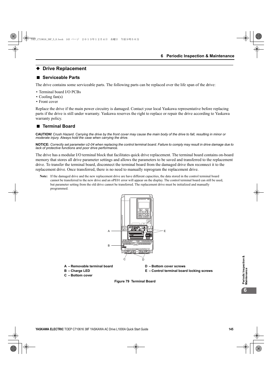 Drive replacement, Serviceable parts, Terminal board | Yea_comm on | Yaskawa CIMR-LU Drives User Manual | Page 145 / 242