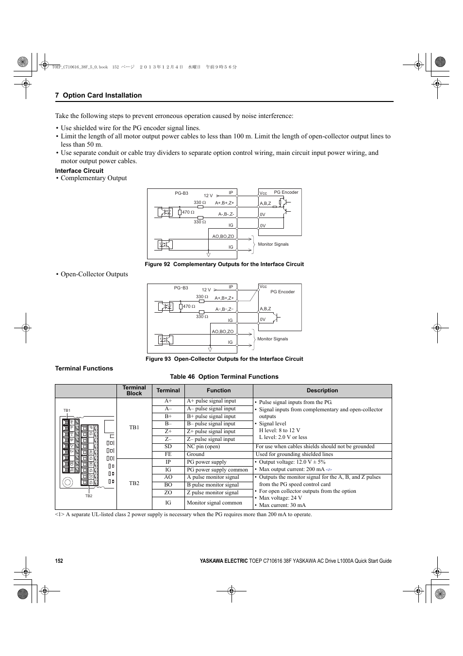Table 46, 7 option card installation, Complementary output | Open-collector outputs | Yaskawa CIMR-LU Drives User Manual | Page 152 / 242