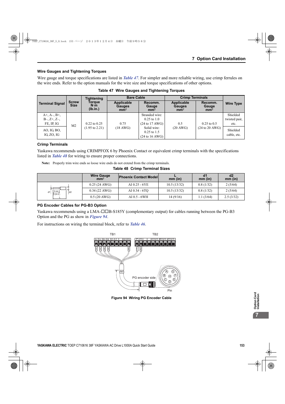 Wire gauges and tightening, Refer to, 7 option card installation | Yaskawa CIMR-LU Drives User Manual | Page 153 / 242