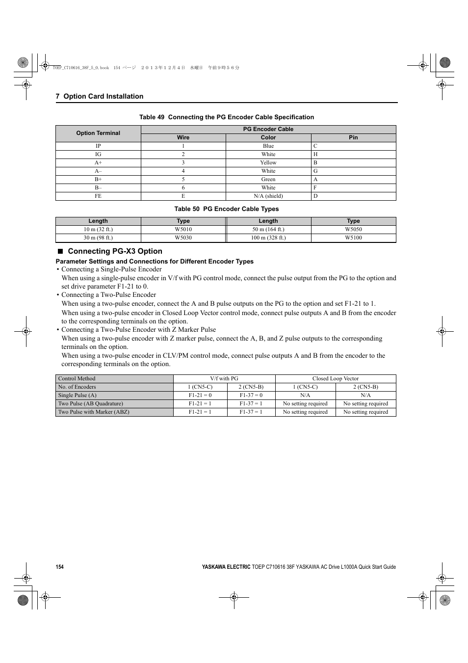Connecting pg-x3 option | Yaskawa CIMR-LU Drives User Manual | Page 154 / 242