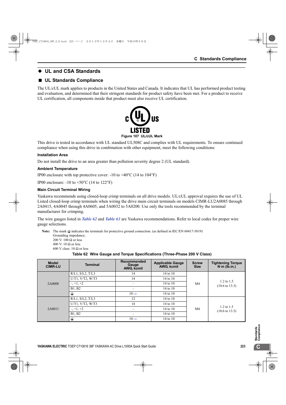 Ul and csa standards, Ul standards compliance | Yaskawa CIMR-LU Drives User Manual | Page 223 / 242