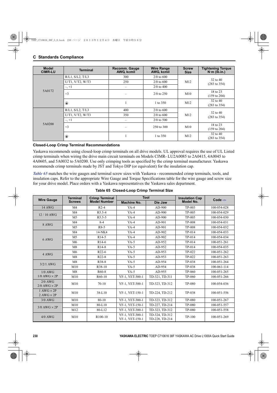 Nufacturer for crimping. refer to, Closed-loop, For closed-loop crimp te | Yaskawa CIMR-LU Drives User Manual | Page 230 / 242