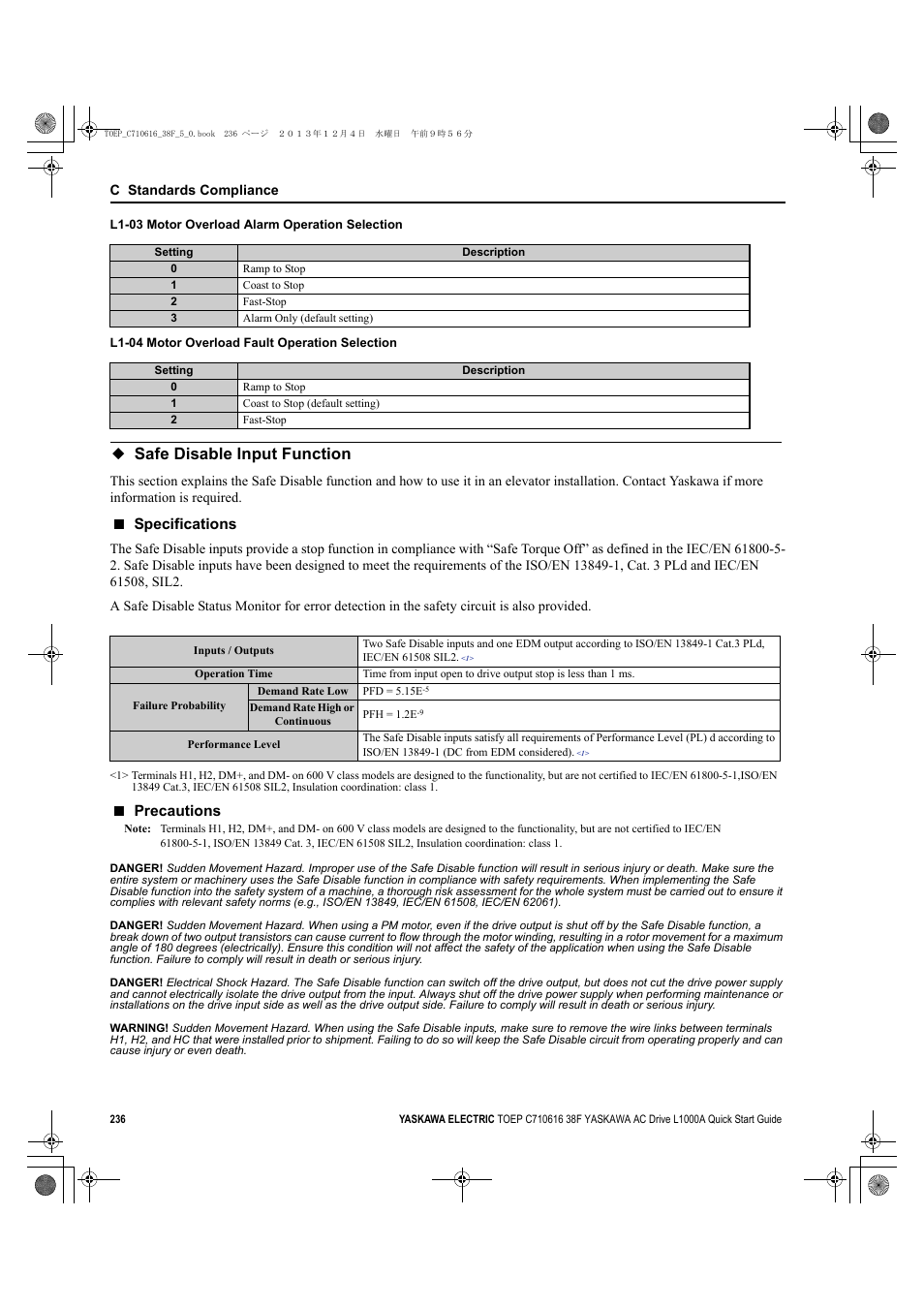 Safe disable input function, Specifications, Precautions | Yaskawa CIMR-LU Drives User Manual | Page 236 / 242