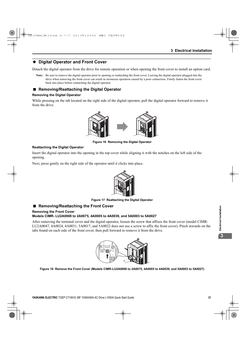 Digital operator and front cover, Removing/reattaching the digital operator, Removing/reattaching the front cover | Yea_common | Yaskawa CIMR-LU Drives User Manual | Page 31 / 242