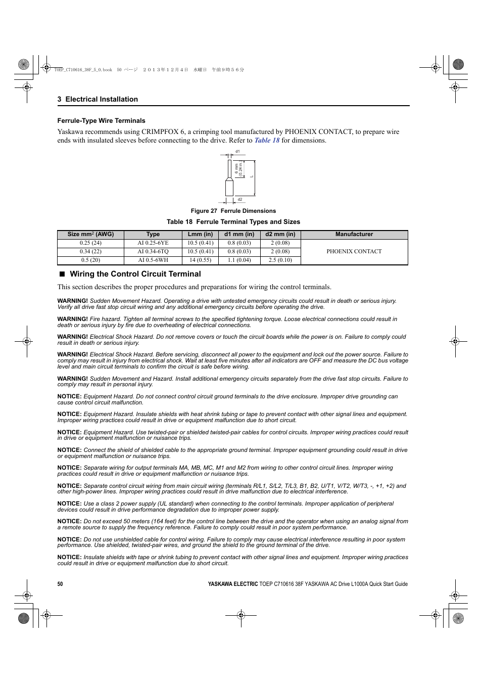 For details on, Table 18, Wiring the control circuit terminal | Yea_common | Yaskawa CIMR-LU Drives User Manual | Page 50 / 242
